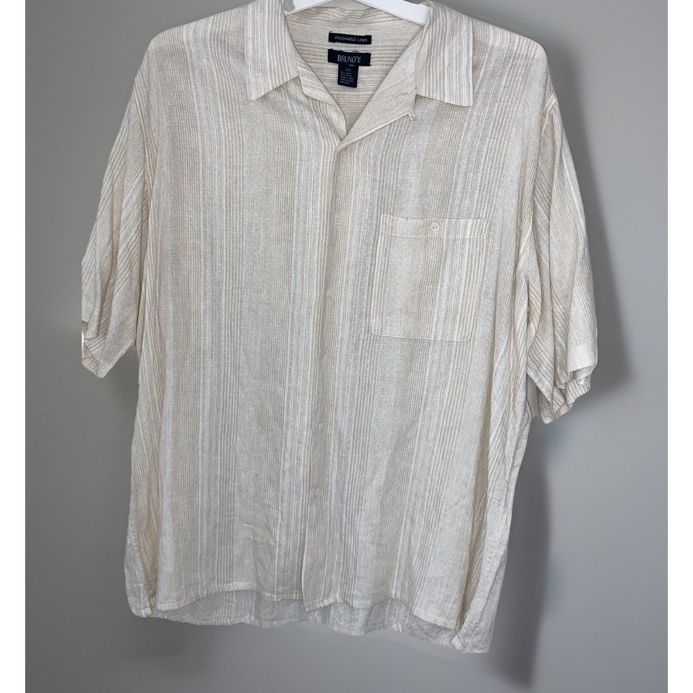 Bruno Washable Linen Shirt Mens 2X Beige Striped Short Sleeve Button Up